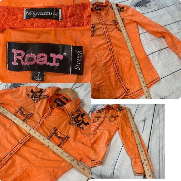 ROAR Signature Embroidered Rhinestone Pearl Snap Shirt Western Biker Sz Large - Picture 6 of 9